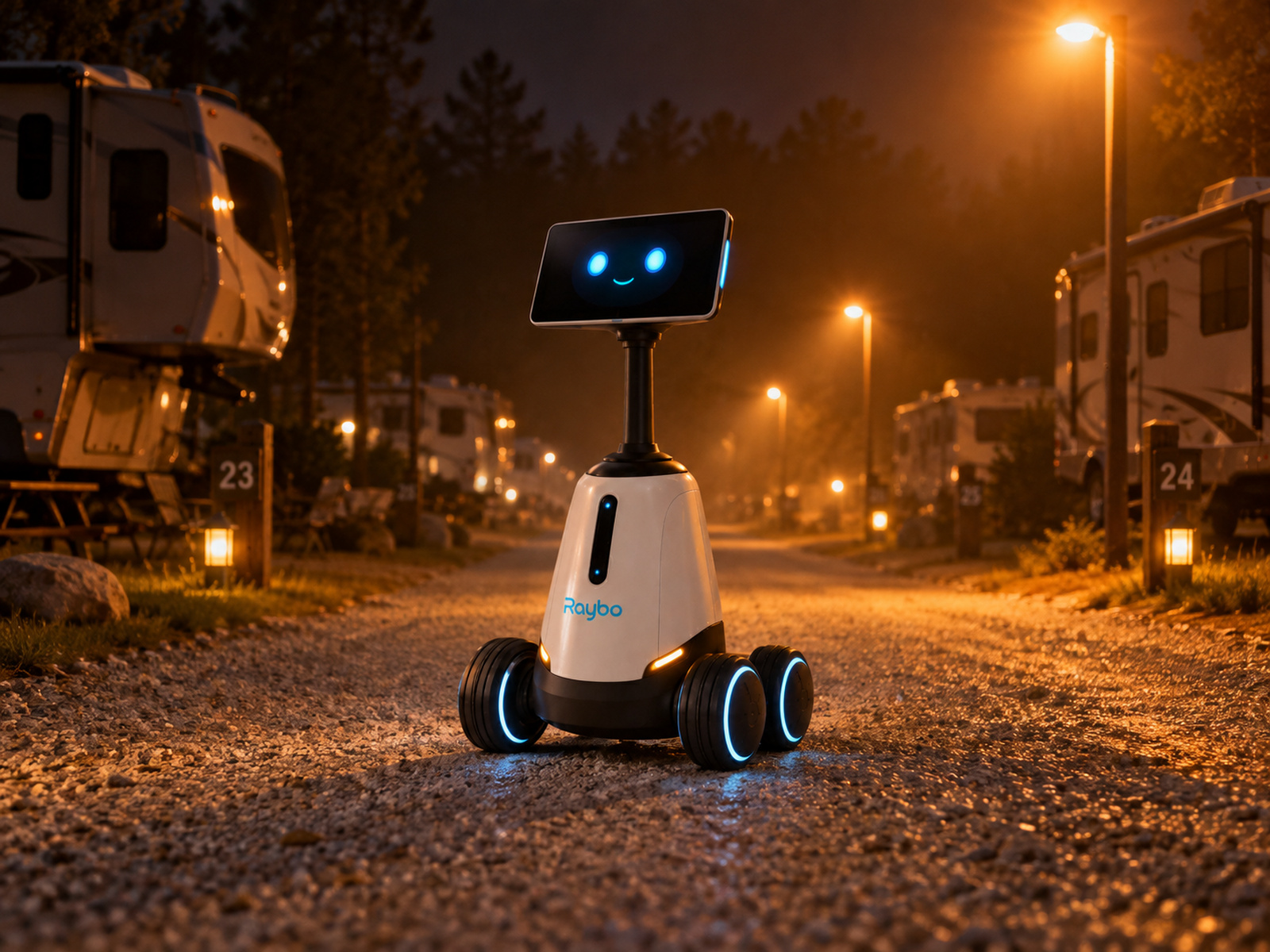 Raybo patrolling an RV park road at night